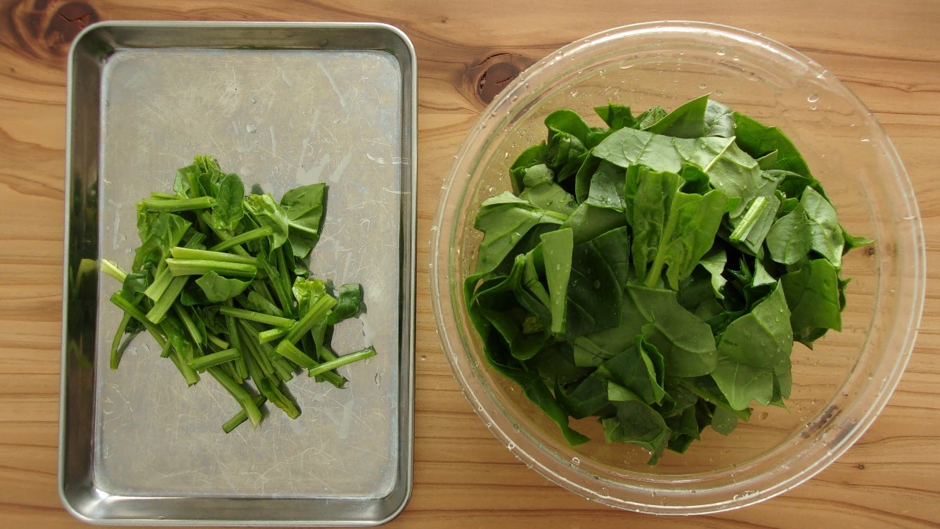 ほうれん草と卵のおかず味噌汁（切り方）